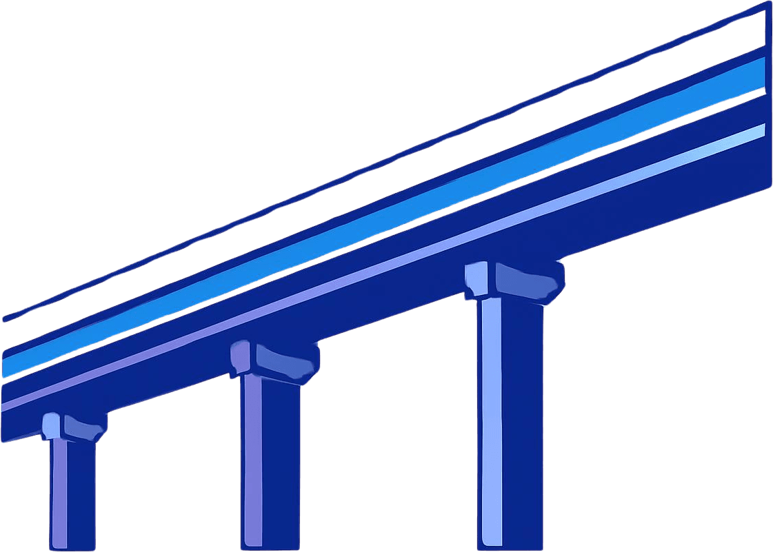 An elevated expressway viaduct on piers, its deck marked with a Data Stream Blue line.