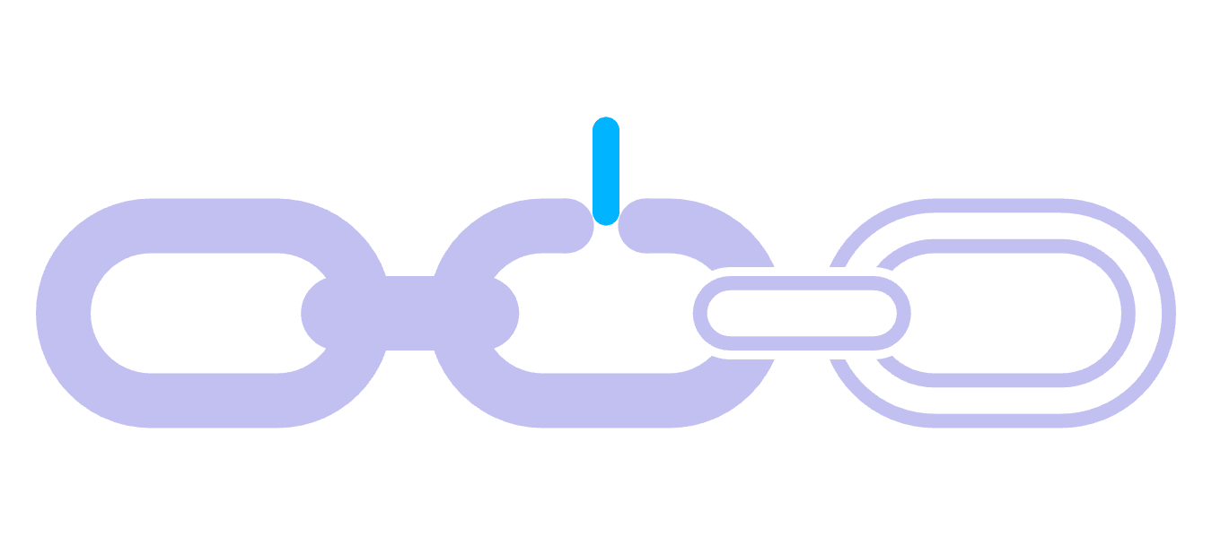 A chain of five links, the first two solid and interlocked, the third broken open, the last two hollow and connected to nothing.
