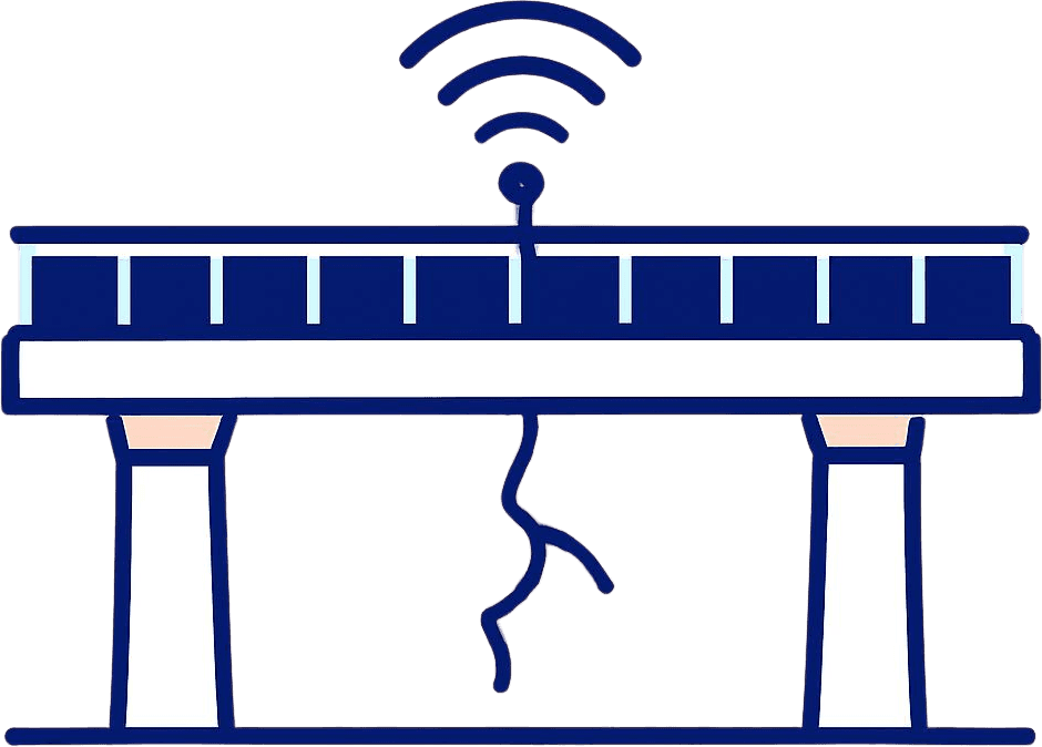 A deck elevation with sensor ticks, one raised in Data Stream Blue above a hairline crack inside the deck.