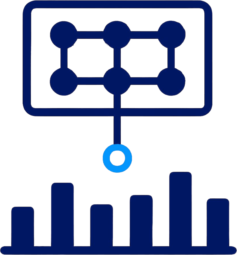 An orderly corporate data system above, a construction site below, and a connection that breaks in the gap between them.